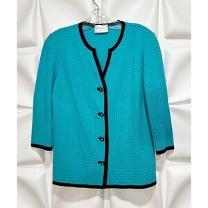 Stizzoli Sz M 8/10 Turquoise Blue Black Knit Sweater Jacket Cardigan Women Italy